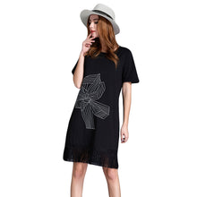 women office dress floral embroidery tassel hem sexy club dress short sleeve straight casual dress black plus size J4U66