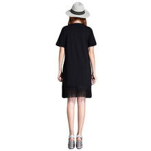 women office dress floral embroidery tassel hem sexy club dress short sleeve straight casual dress black plus size J4U66