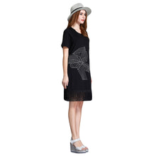 women office dress floral embroidery tassel hem sexy club dress short sleeve straight casual dress black plus size J4U66