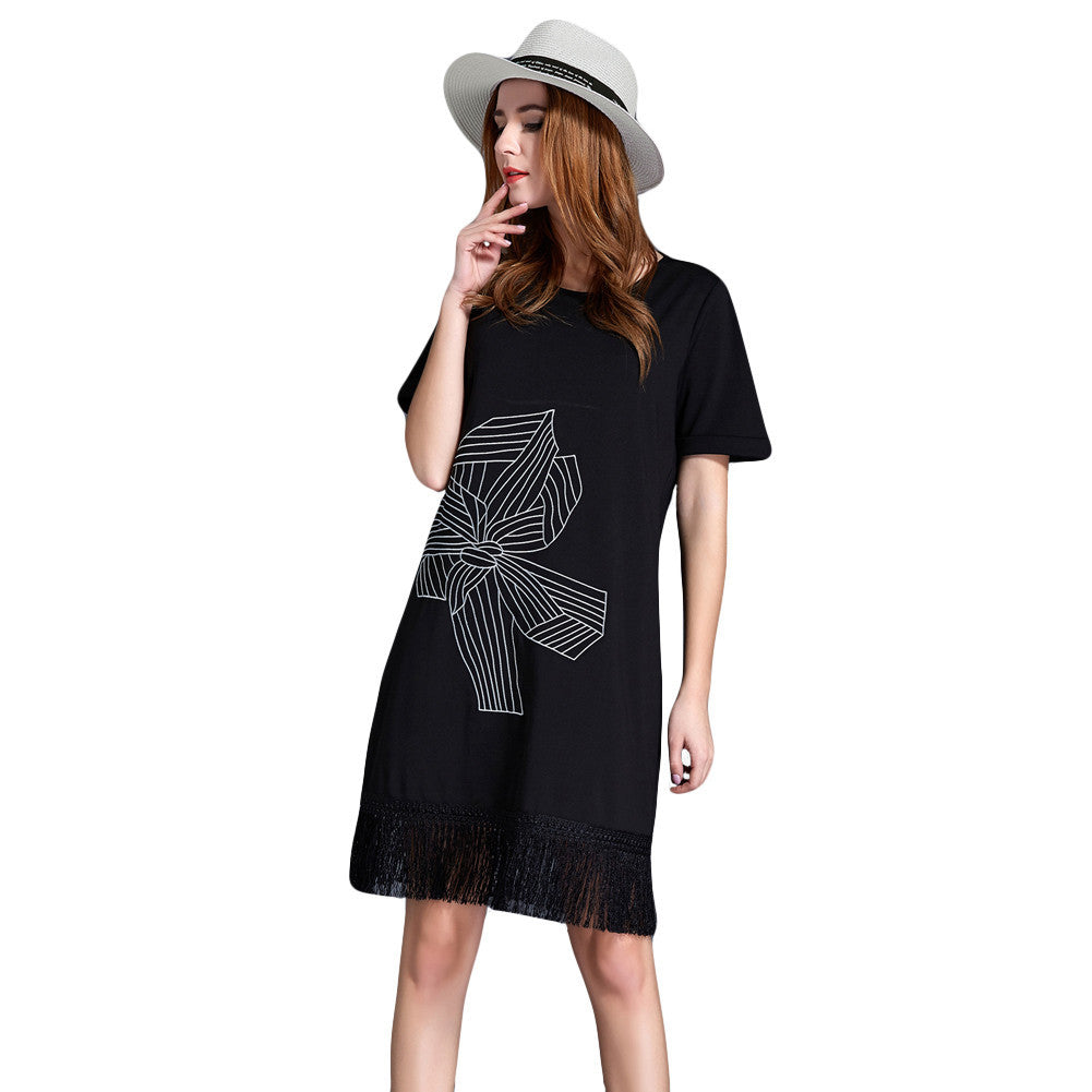 women office dress floral embroidery tassel hem sexy club dress short sleeve straight casual dress black plus size J4U66
