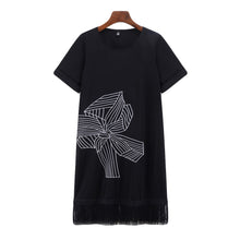 women office dress floral embroidery tassel hem sexy club dress short sleeve straight casual dress black plus size J4U66