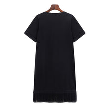 women office dress floral embroidery tassel hem sexy club dress short sleeve straight casual dress black plus size J4U66