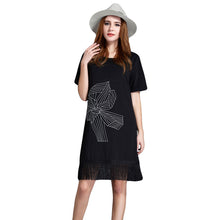 women office dress floral embroidery tassel hem sexy club dress short sleeve straight casual dress black plus size J4U66