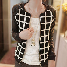 women pu leather stitching long sleeve jackets coat plaid outwear J4U66