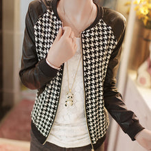 PU Leather Stitching Long Sleeve Jackets Coat Plaid Outwear J4U66