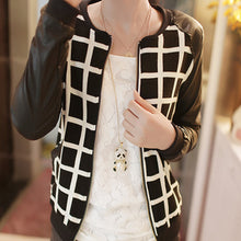 PU Leather Stitching Long Sleeve Jackets Coat Plaid Outwear J4U66