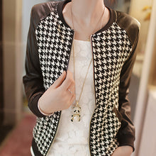 women pu leather stitching long sleeve jackets coat plaid outwear J4U66