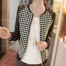 women pu leather stitching long sleeve jackets coat plaid outwear J4U66