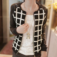 women pu leather stitching long sleeve jackets coat plaid outwear J4U66