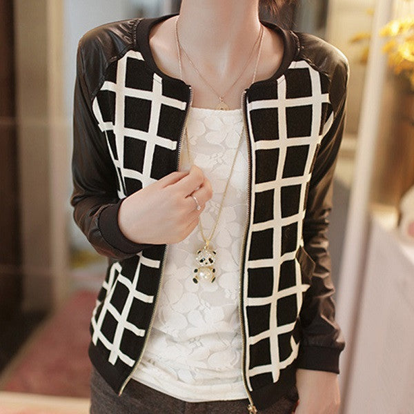 PU Leather Stitching Long Sleeve Jackets Coat Plaid Outwear J4U66