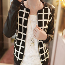 women pu leather stitching long sleeve jackets coat plaid outwear J4U66