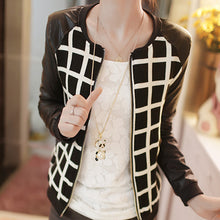 PU Leather Stitching Long Sleeve Jackets Coat Plaid Outwear J4U66
