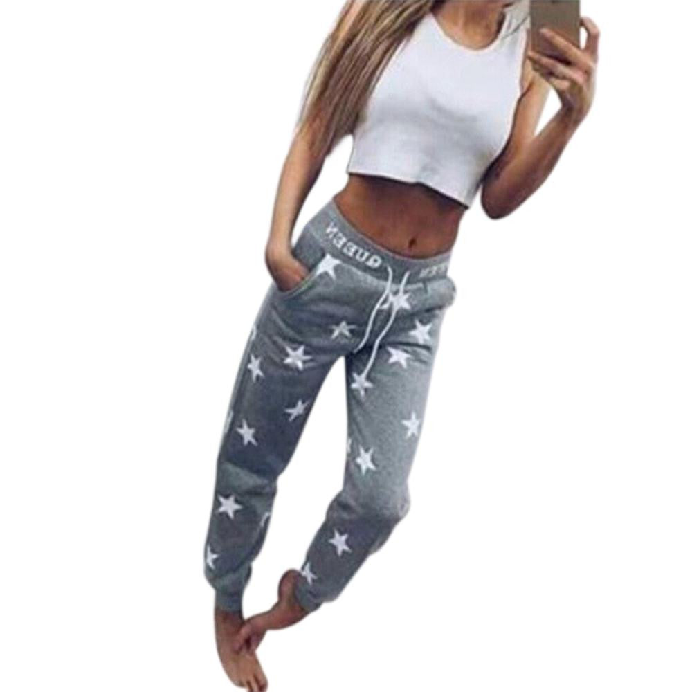 Women Pants Star Printed Lady Bottoms Waistband Tracksuit Drawstring Pants Pink Grey trousers J4U66