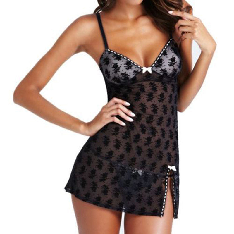 Women Perspective Lace Slit Lingerie With G-String Sexy Transparent Lingerie Dress J4U66