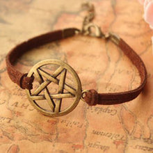 Women Punk Bangles Bracelets Leather Bracelet Inspired Retro Bronze Pentagram Pendant Brown Rope  J4U66