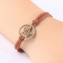 Women Punk Bangles Bracelets Leather Bracelet Inspired Retro Bronze Pentagram Pendant Brown Rope  J4U66