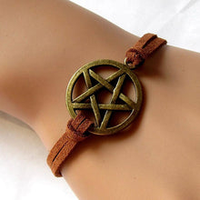 Women Punk Bangles Bracelets Leather Bracelet Inspired Retro Bronze Pentagram Pendant Brown Rope  J4U66