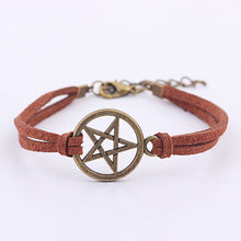 Women Punk Bangles Bracelets Leather Bracelet Inspired Retro Bronze Pentagram Pendant Brown Rope  J4U66
