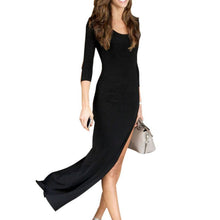 Women Sexy Bodycon 3/4 Sleeve Long Maxi Dress Irregular Side High Split Dresses  J4U66