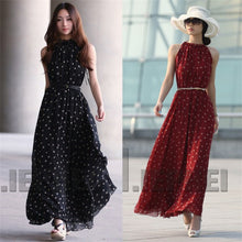 women sexy boho long maxi evening party chiffon dress sleeveless polka dot dresses J4U66