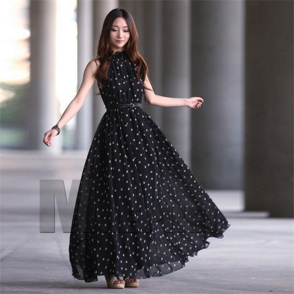 Sexy Boho Long Maxi Evening Party Chiffon Dress Sleeveless Polka Dot Dresses J4U66