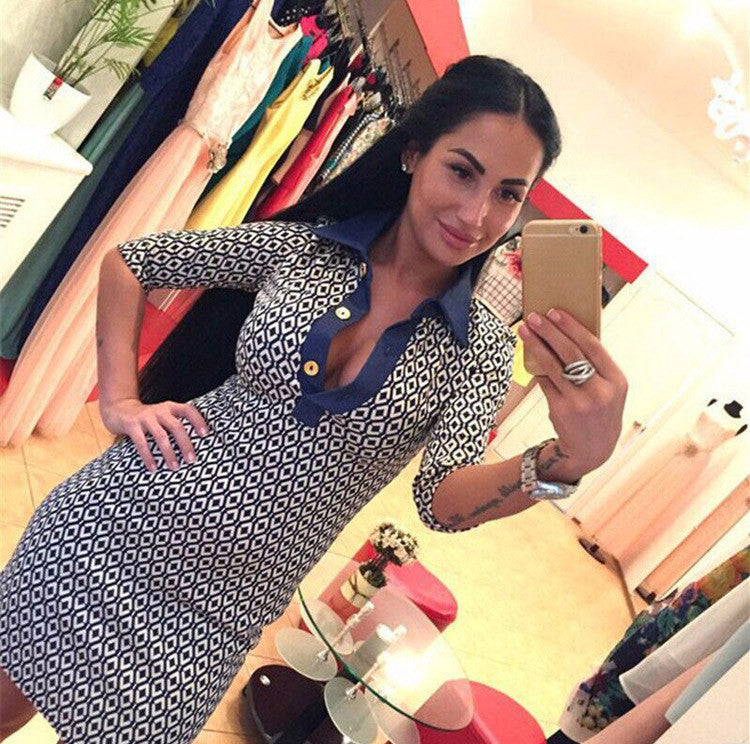 women sexy club dress deep v neck plaid print 3/4 sleeve bodycon dress button front mini office dress vestidos white J4U66