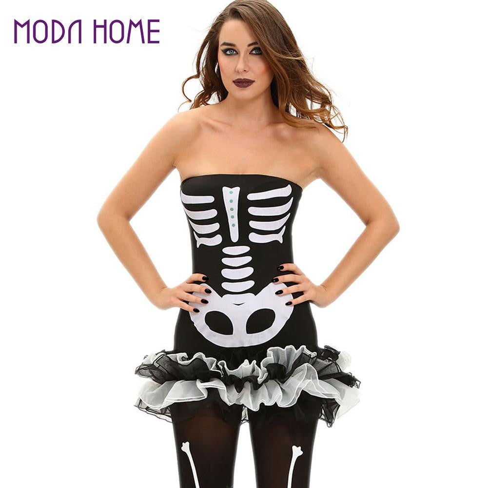 women sexy halloween strapless bandage dress human skeleton costume zombie backless off shoulder bodycon party dresses vestidos J4U66