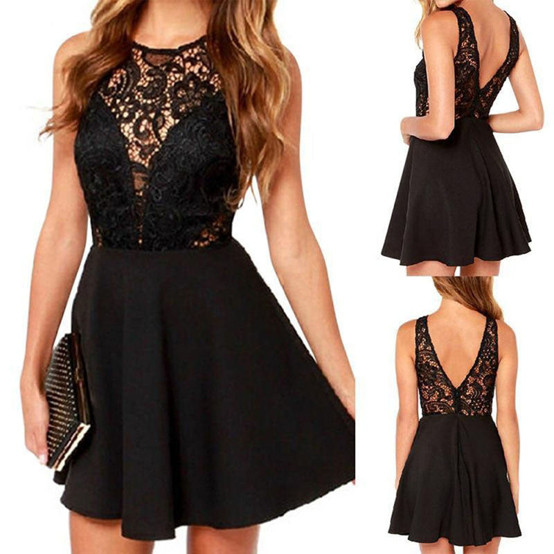 Women Sexy O Neck Backless Lace Crochet Party Dress  Beach Mini Dress J4U66