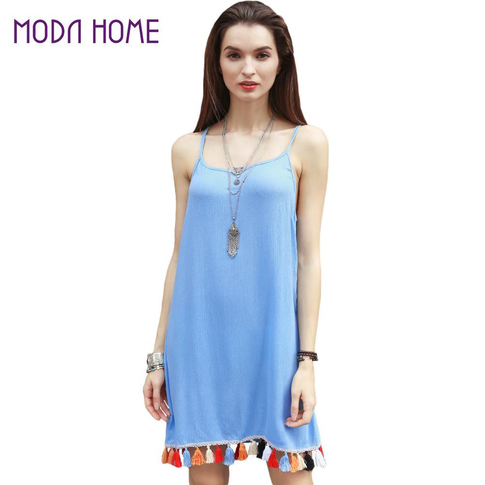 women sexy spaghetti strap beach dress vintage tassel boho dress robe sexy backless casual dresses vestidos J4U66