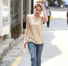 Women Shiny Sequin Vest Bling Top Mesh Tank Sleeveless Blouse Lady T-Shirt Sexy Tee Casual Golden Blusas Femininas J4U66