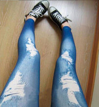 Women Stretch Cotton Fake Hole Imitation Jeans Leggings Jeggings J4U66