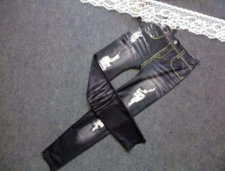 Women Stretch Cotton Fake Hole Imitation Jeans Leggings Jeggings J4U66
