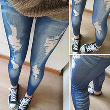 Women Stretch Cotton Fake Hole Imitation Jeans Leggings Jeggings J4U66