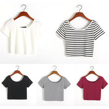 Women Stretch Cotton T-shirts U neck Sexy Crop Top Short Sleeve Tee short Basic top for lady girls J4U66