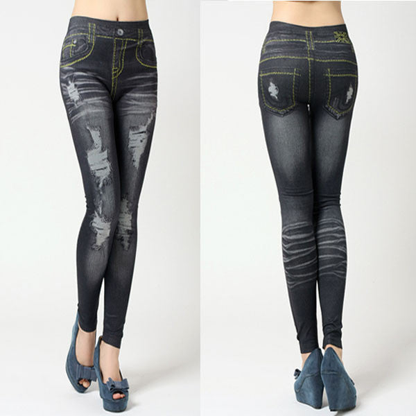 women stretchy skinny jeggings vintage distressed tights denim jeans slim pants J4U66