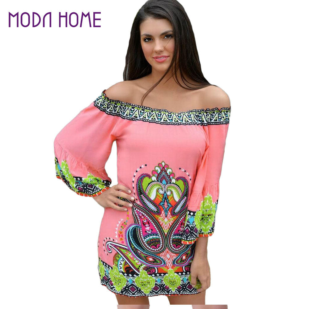 women dress off shoulder flare sleeves slash neck sexy dress printing sundress beach dress vestidos pink J4U66