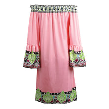 women dress off shoulder flare sleeves slash neck sexy dress printing sundress beach dress vestidos pink J4U66