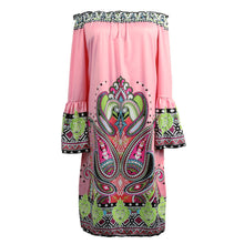 women dress off shoulder flare sleeves slash neck sexy dress printing sundress beach dress vestidos pink J4U66