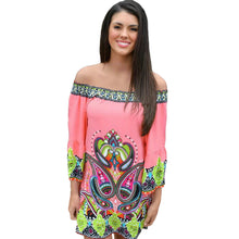 women dress off shoulder flare sleeves slash neck sexy dress printing sundress beach dress vestidos pink J4U66