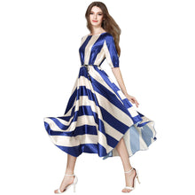 women dress striped o neck elastic waist elegant office dress asymmetrical hem belt big swing evening party dress J4U66