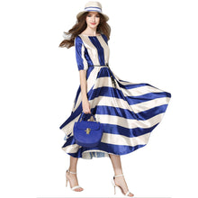 women dress striped o neck elastic waist elegant office dress asymmetrical hem belt big swing evening party dress J4U66