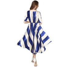 women dress striped o neck elastic waist elegant office dress asymmetrical hem belt big swing evening party dress J4U66