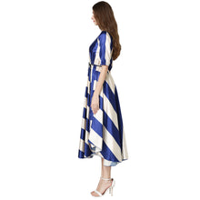 women dress striped o neck elastic waist elegant office dress asymmetrical hem belt big swing evening party dress J4U66