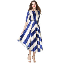 women dress striped o neck elastic waist elegant office dress asymmetrical hem belt big swing evening party dress J4U66