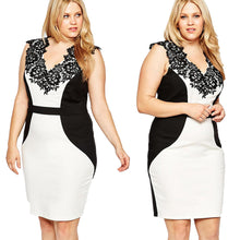 women dress contrastcolor split zipper ol ladies office elegant dress sleeveless v neck slim lace dress plus size J4U66