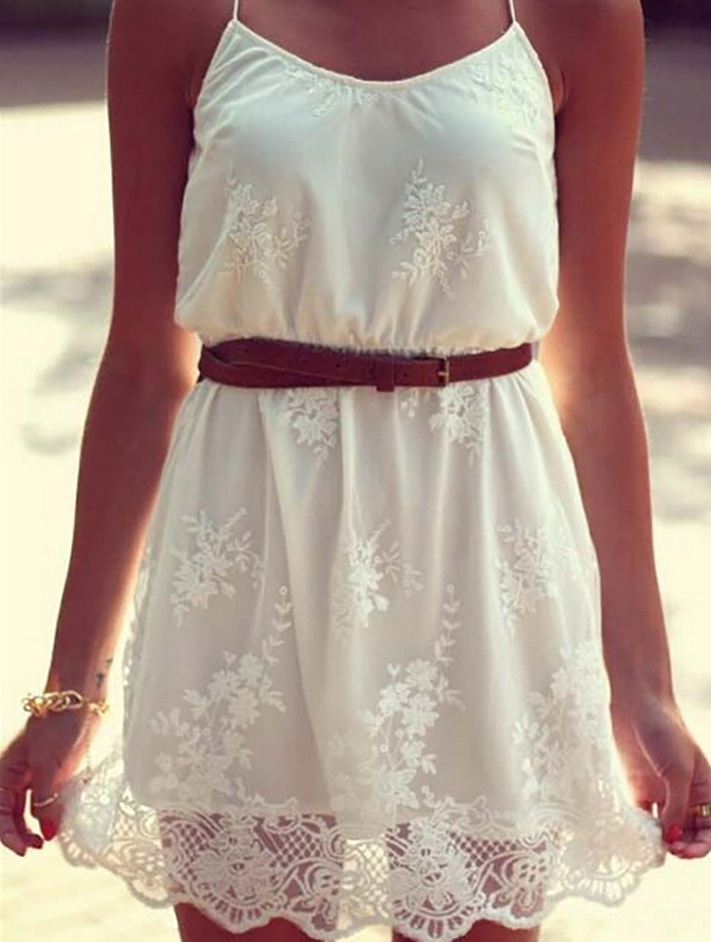 Women Dress White Lace Sleeveless Casual Mini Dress J4U66