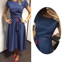 women dresses casual short sleeve o neck blue a line polka dot dress with sashes womens clothing plus size J4U66