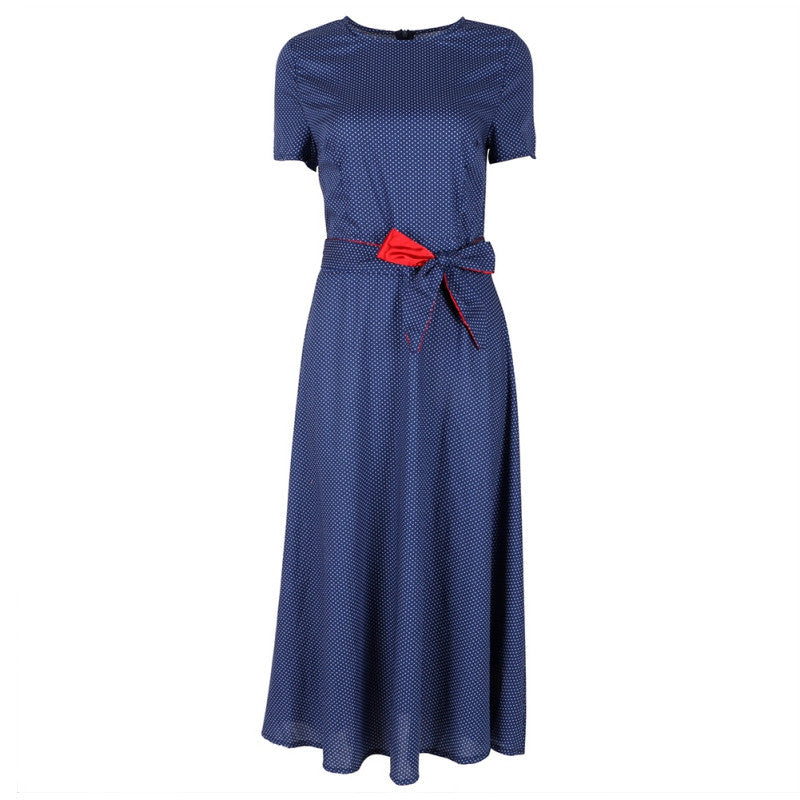 women dresses casual short sleeve o neck blue a line polka dot dress with sashes womens clothing plus size J4U66