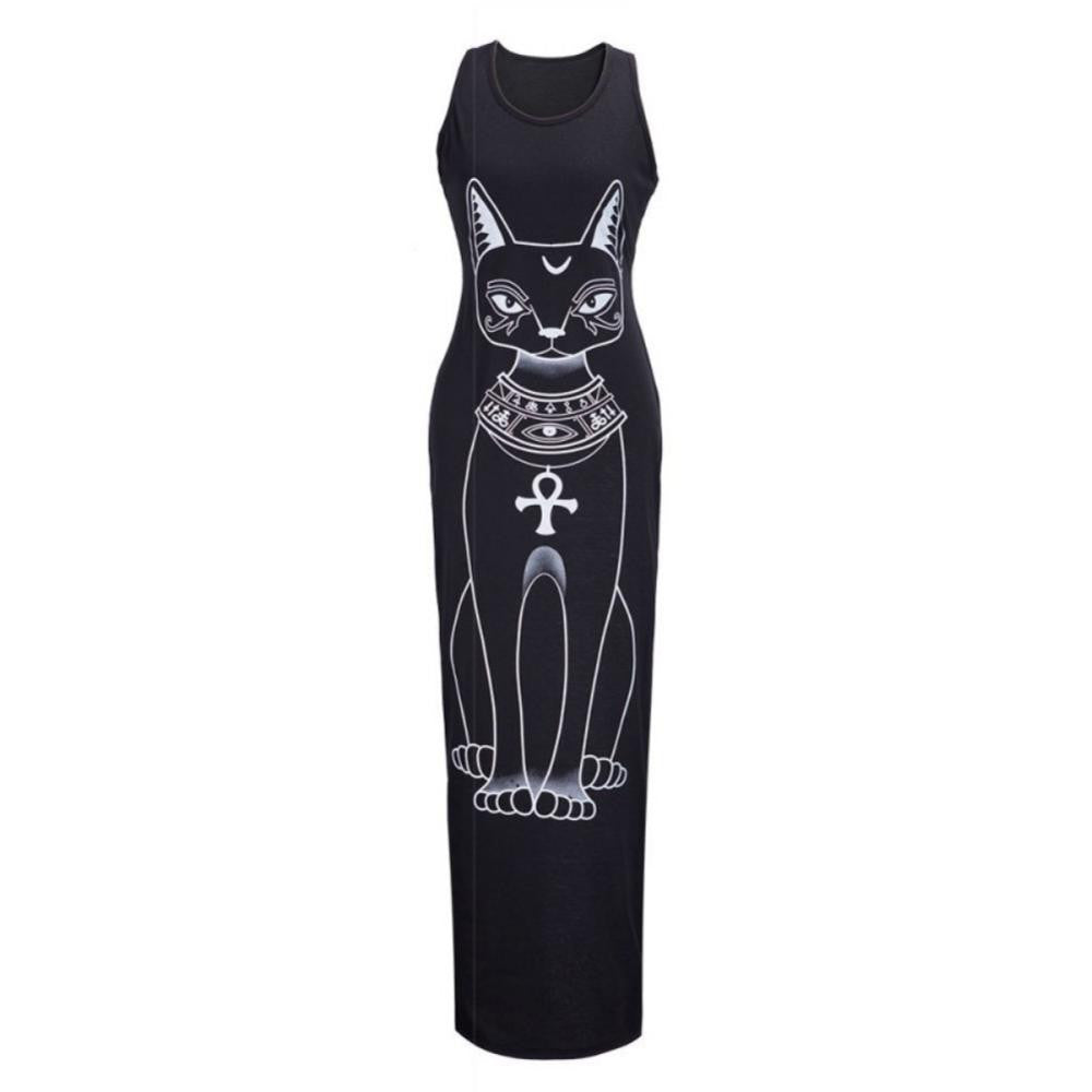 Women Sexy Casual Boho Long Maxi Beach Dress cartoons Cat Sundress J4U66