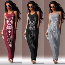 Women Sexy Casual Boho Long Maxi Beach Dress cartoons Cat Sundress J4U66